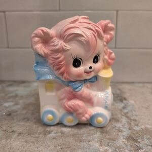 Vintage Ardco Kitsch Nursery Planter Pink Bear Train Planter Japan